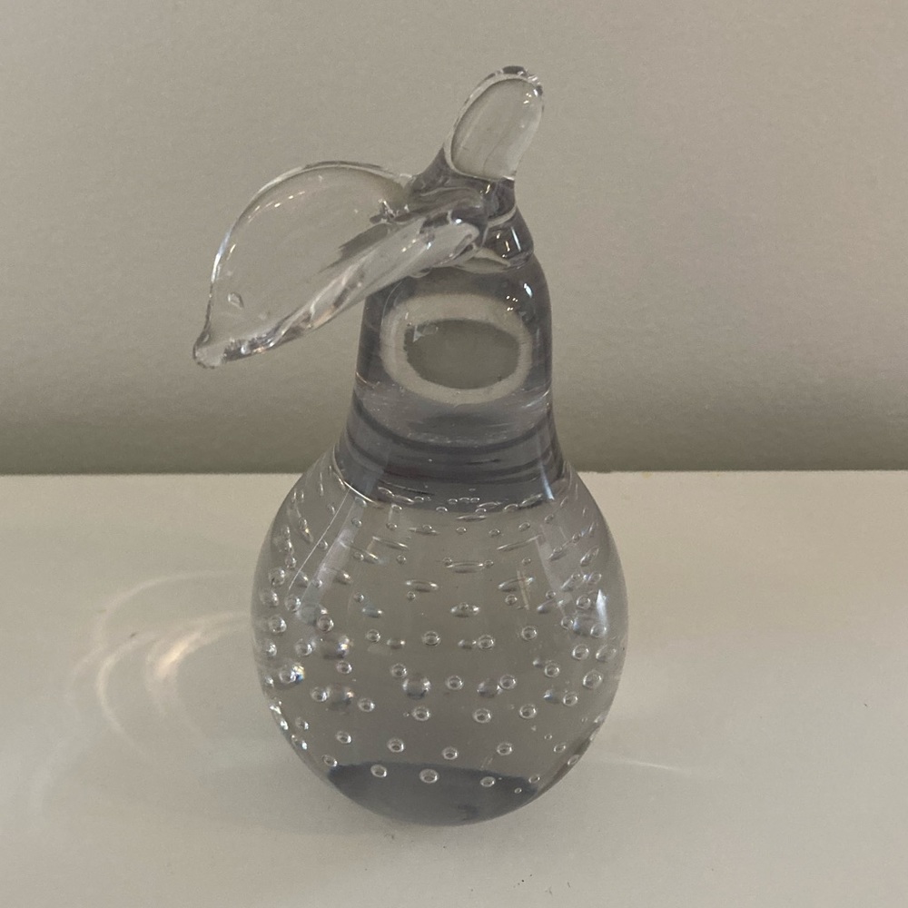 Hand Blown Art Glass Paperweight Clear Pear Controlled Bubble